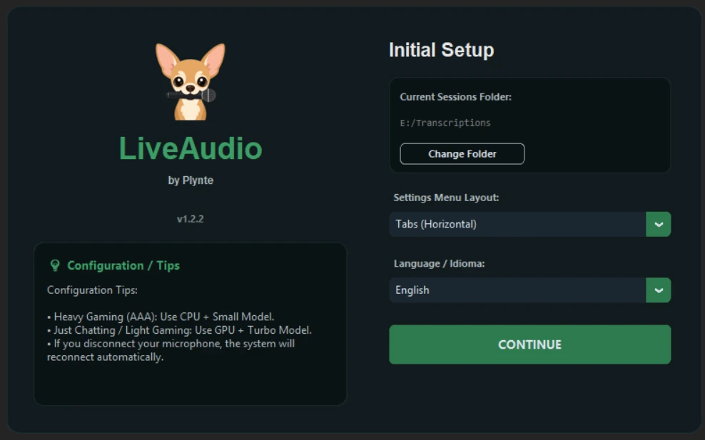 LiveAudio screenshot showing the real-time audio transcription interface