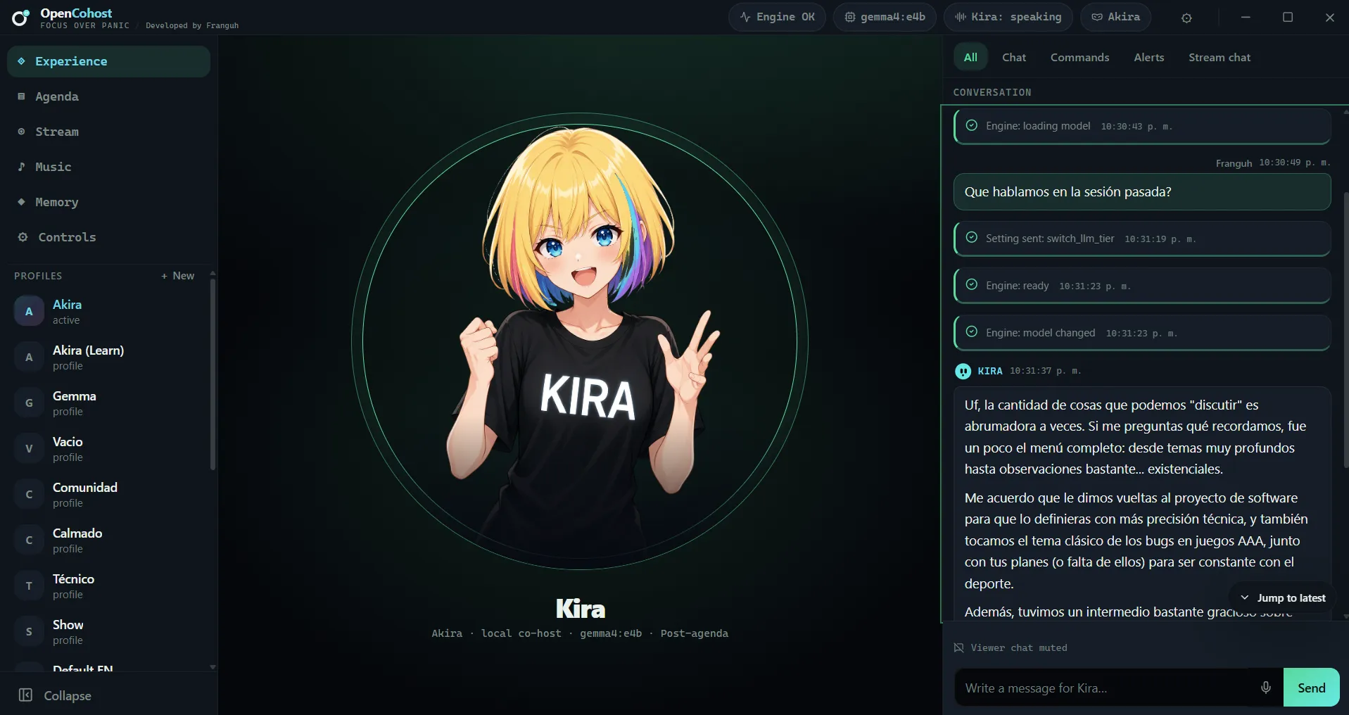 OpenCohost screenshot in Tauri showing Kira speaking with the session chat visible